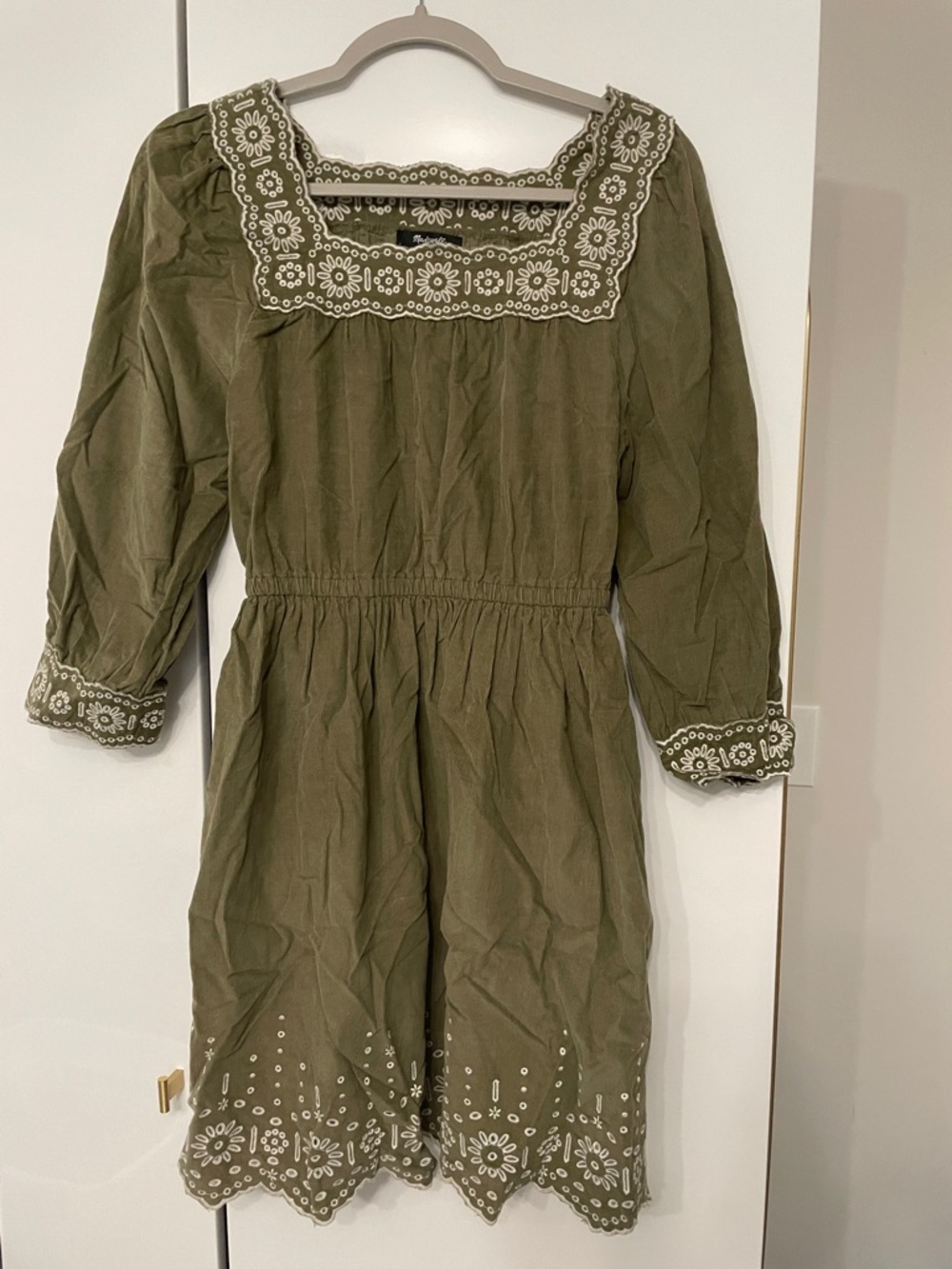 Madewell Olive Green Embroidered Square-Neck Dress